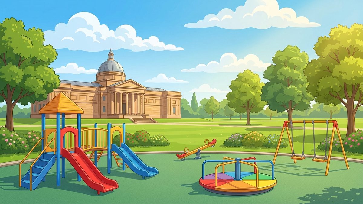 Colourful empty playground and park with a museum in the distance